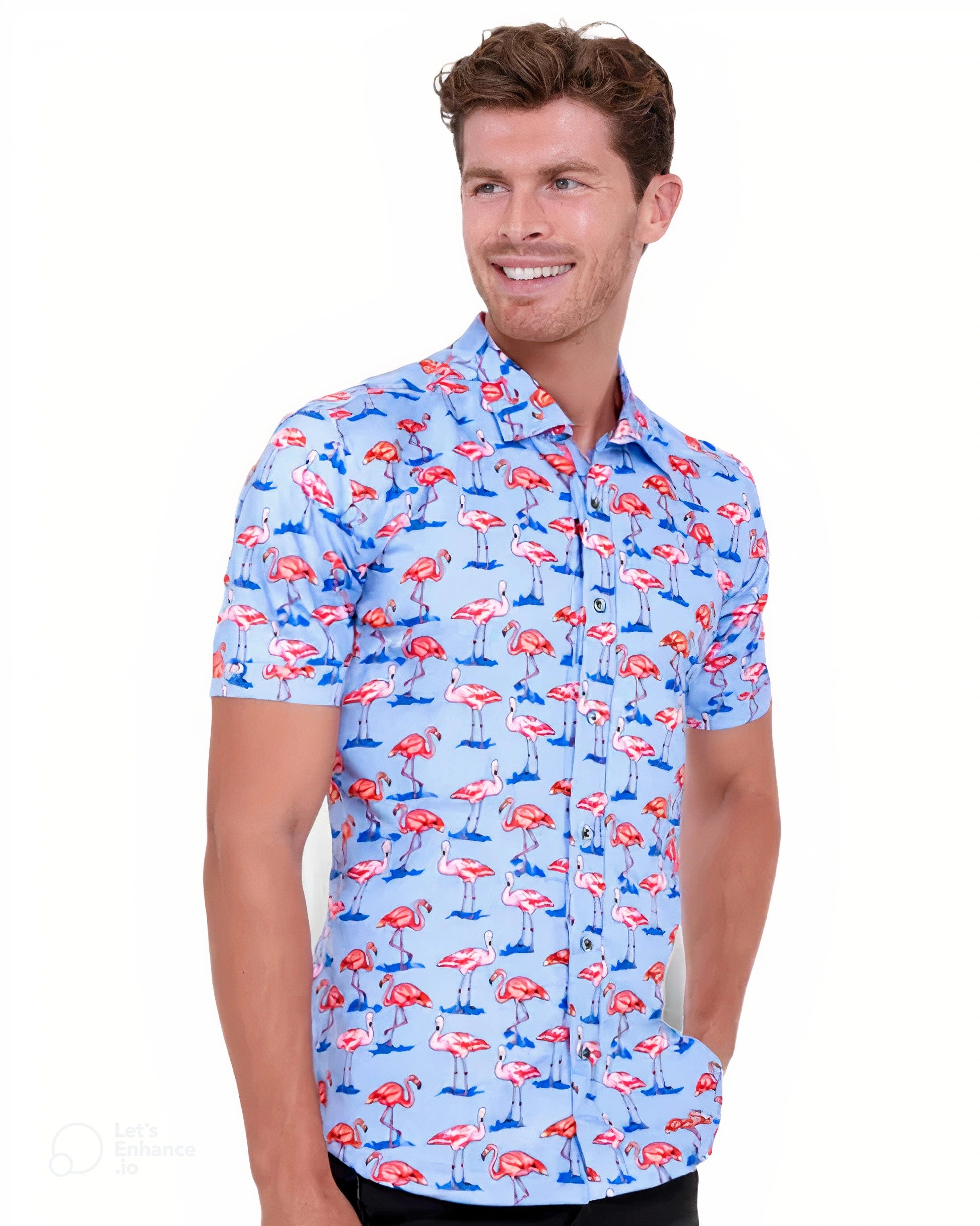 Blue Flamingo Print Short Sleeve Shirt-Makrom