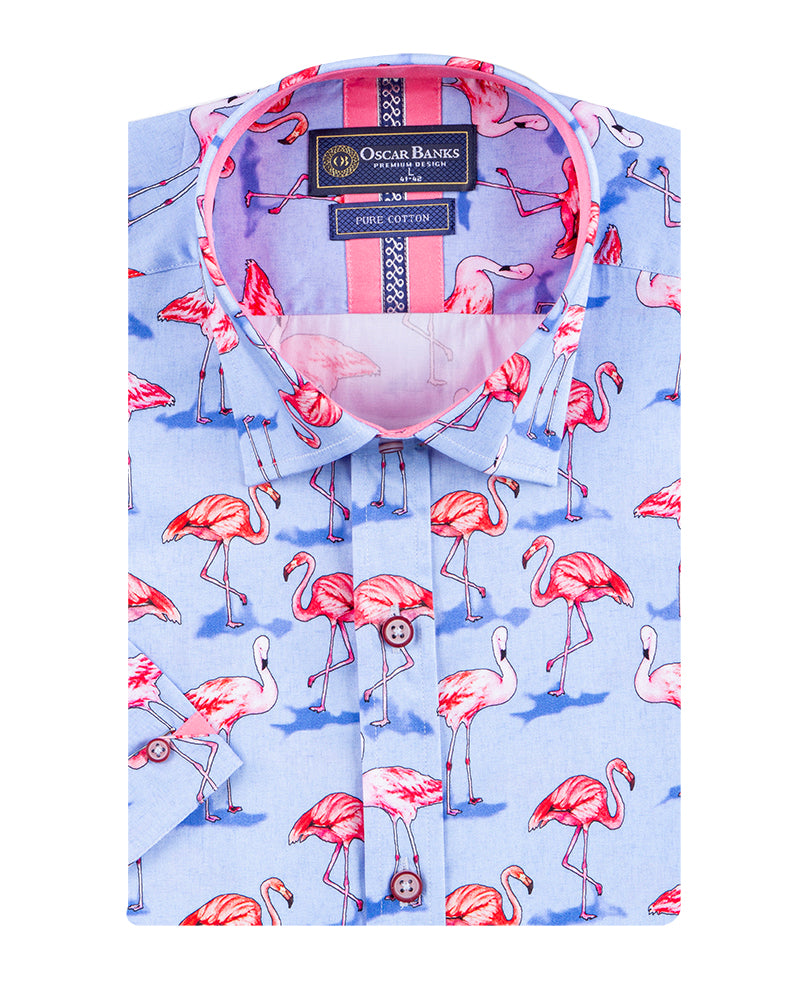 Blue Flamingo Print Short Sleeve Shirt-Makrom