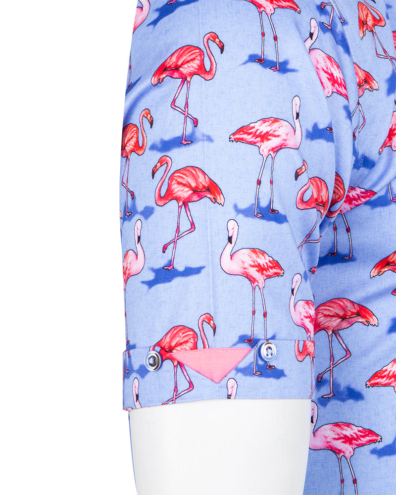 Blue Flamingo Print Short Sleeve Shirt-Makrom