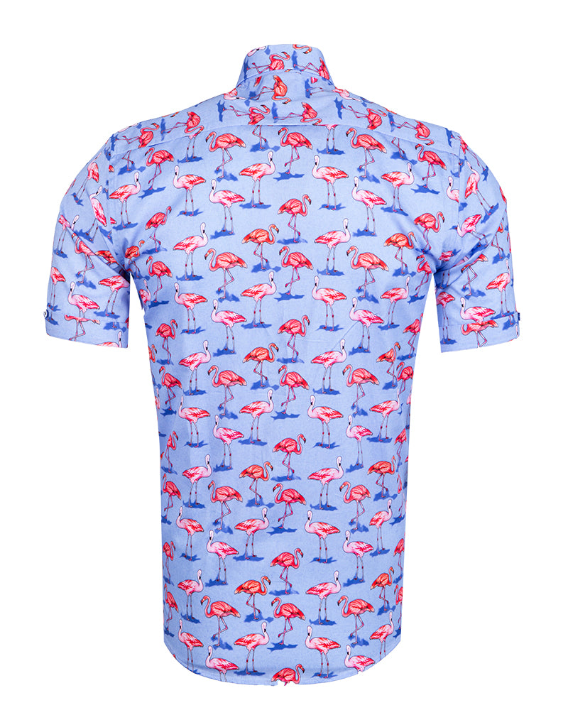 Blue Flamingo Print Short Sleeve Shirt-Makrom