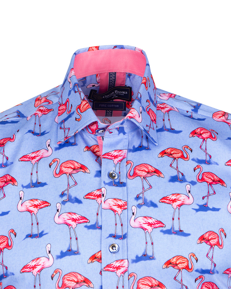 Blue Flamingo Print Short Sleeve Shirt-Makrom