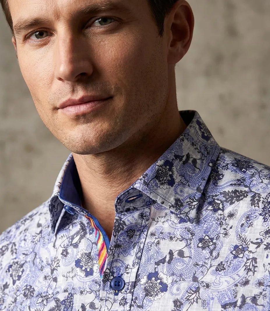 Blue Floral Paisley Print Shirt with Matching Handkerchief