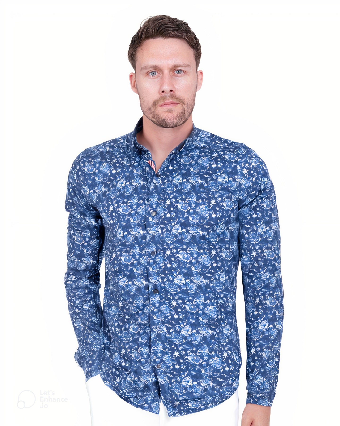 Blue Flower Print Shirt with Matching Handkerchief-Makrom