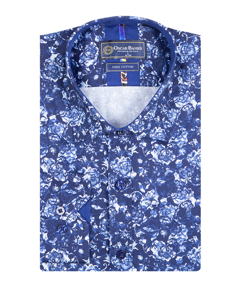 Blue Flower Print Shirt with Matching Handkerchief-Makrom