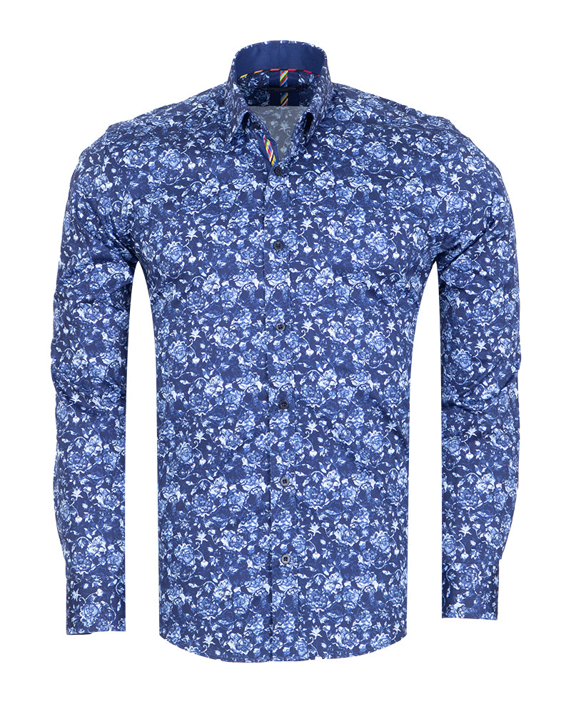 Blue Flower Print Shirt with Matching Handkerchief-Makrom