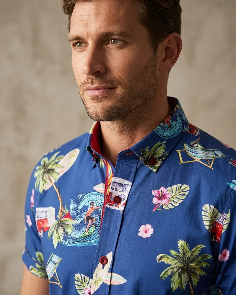 Blue Hawaiian Print Short Sleeve Shirt