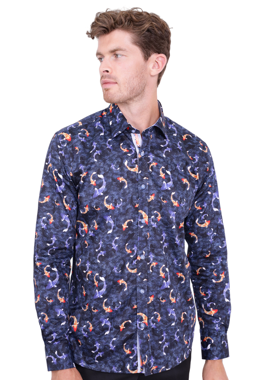 Blue Japanese Fish Print with Matching Handkerchief-Makrom
