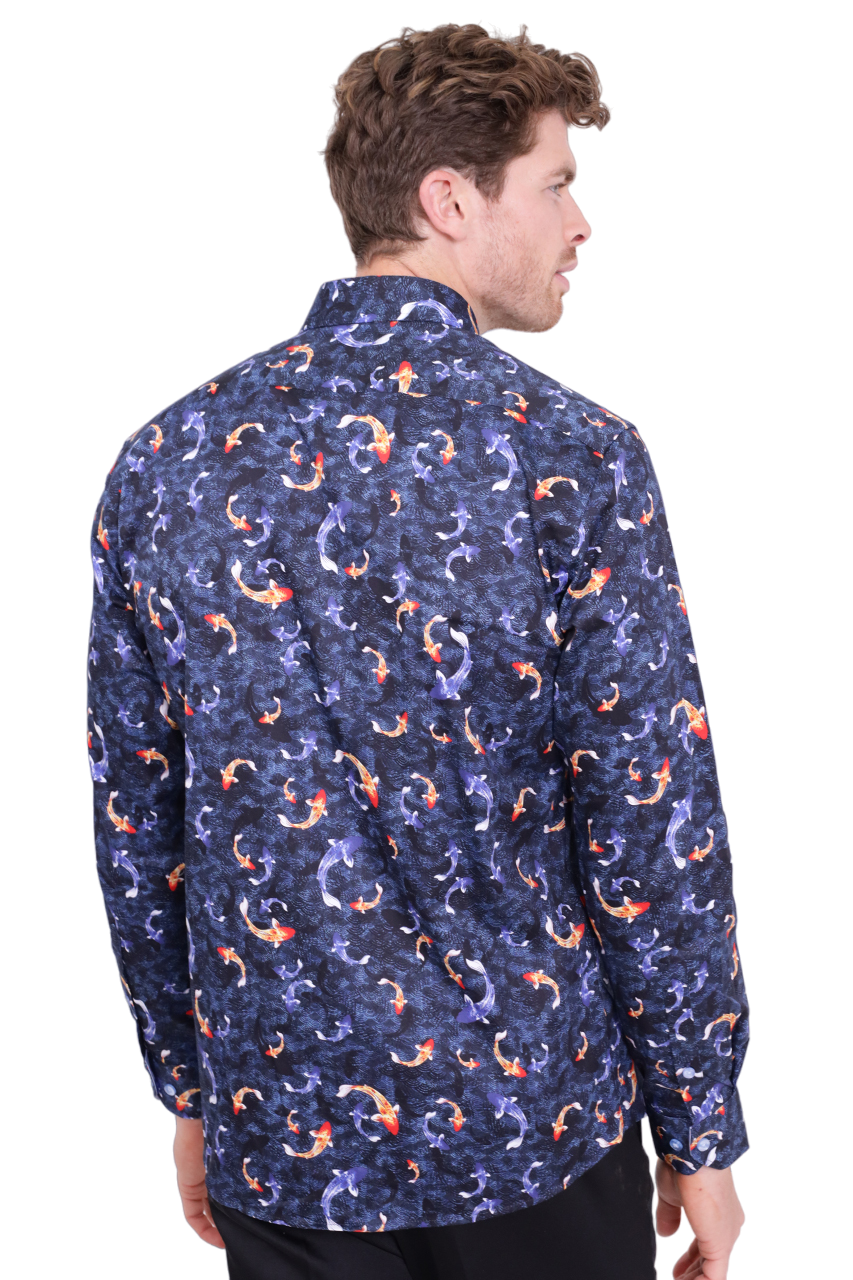 Blue Japanese Fish Print with Matching Handkerchief-Makrom
