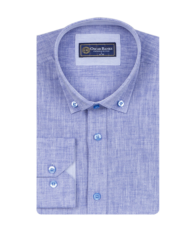 Blue Linen Long Sleeve Shirt with Matching Handkechief-Makrom