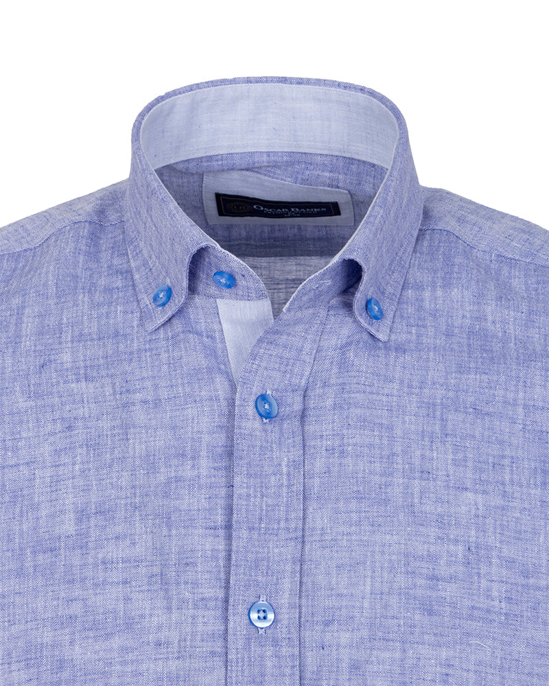 Blue Linen Long Sleeve Shirt with Matching Handkechief-Makrom