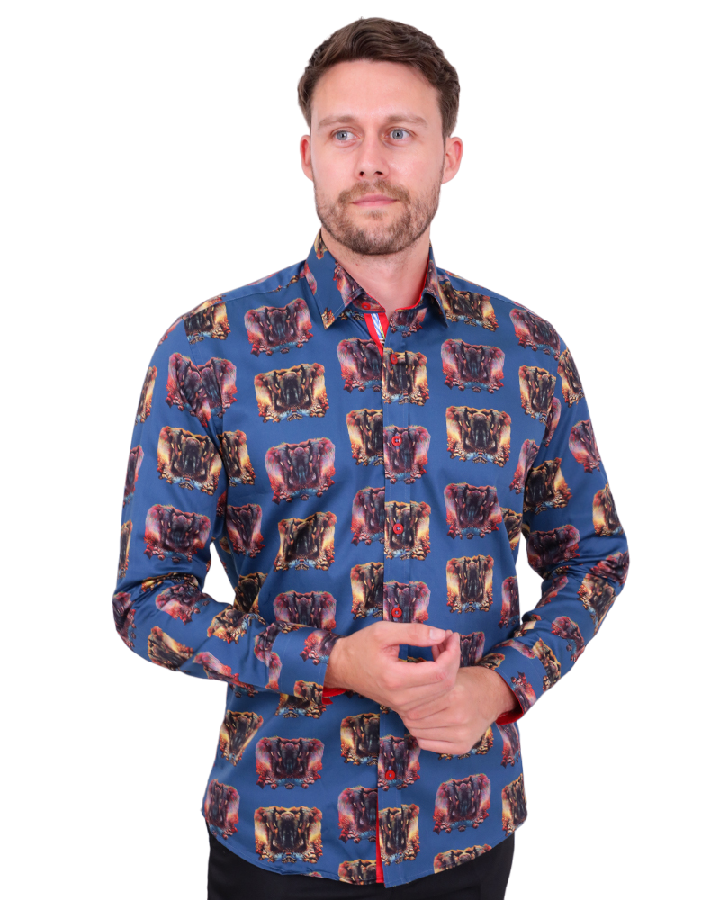 Blue Mammoth Print Shirt with Matching Handkerchief-Makrom