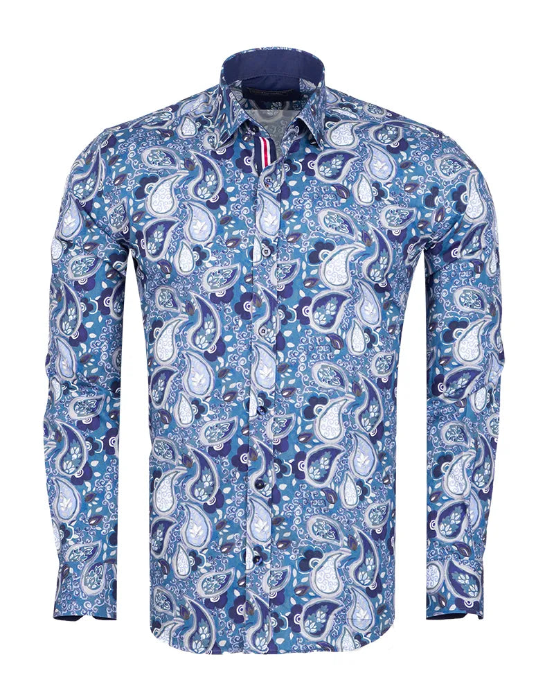Blue paisley patterned shirt on a white background