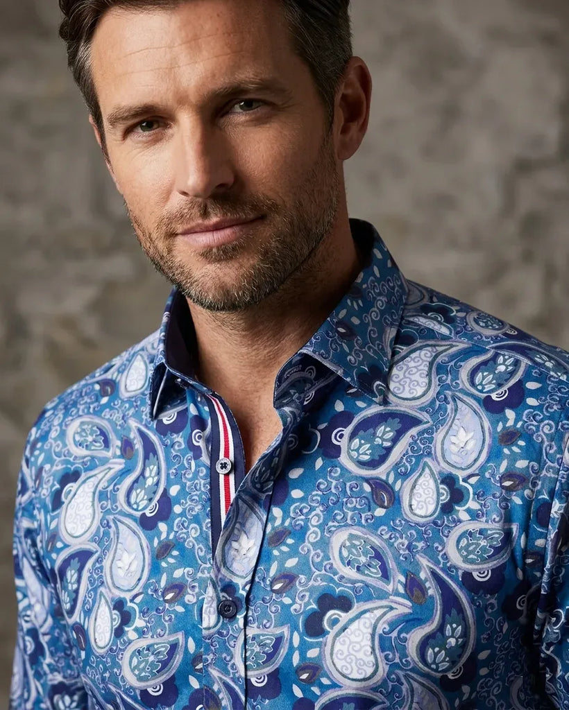 Blue Paisley Print Pure Cotton Shirt with Matching Handkerchief