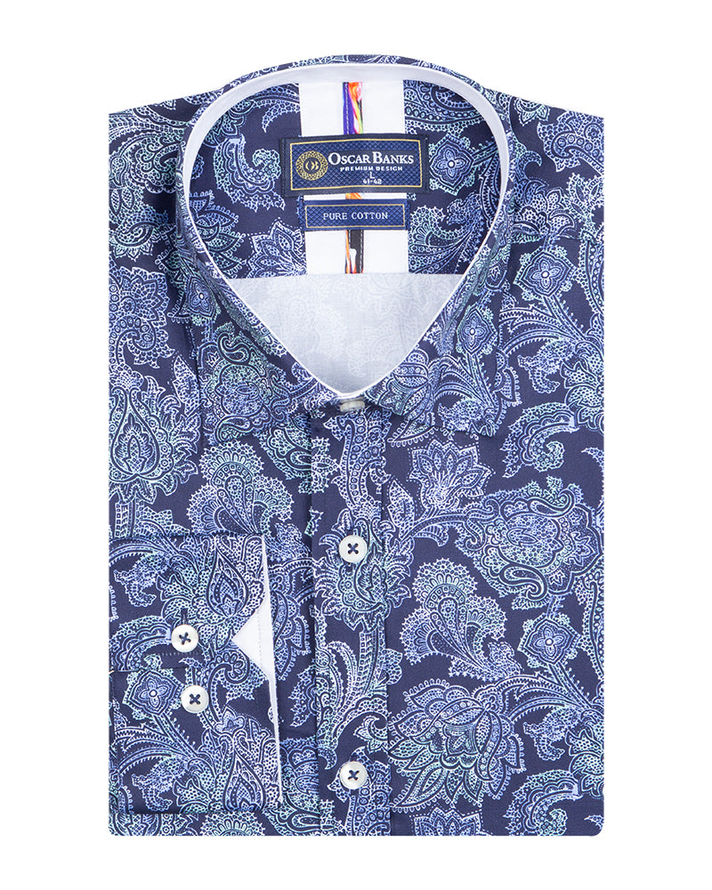 Blue Paisley Print Shirt with Matching Handkerchief-Makrom