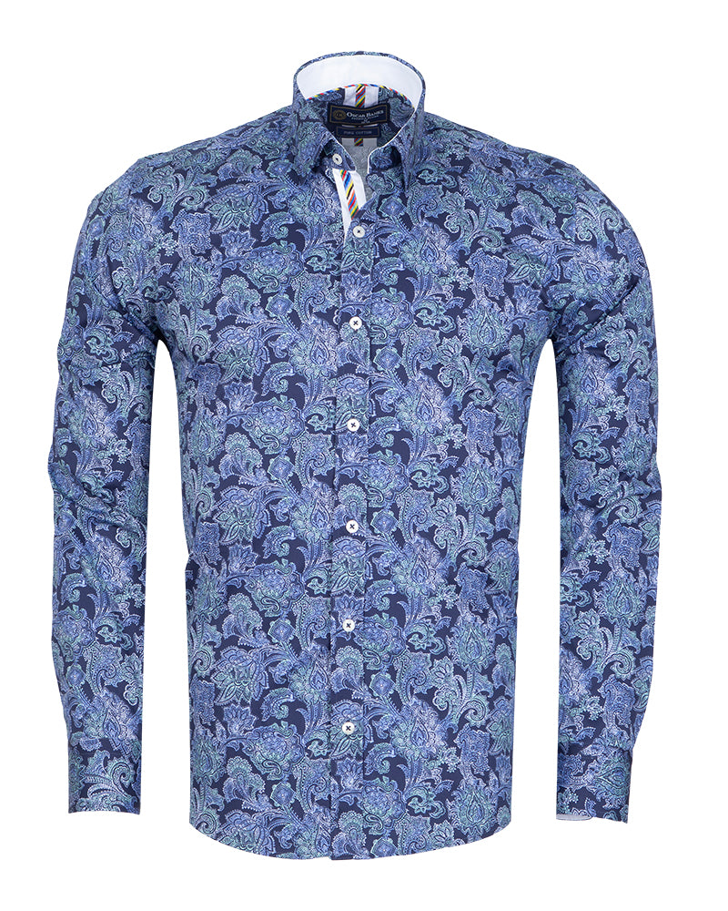Blue Paisley Print Shirt with Matching Handkerchief-Makrom
