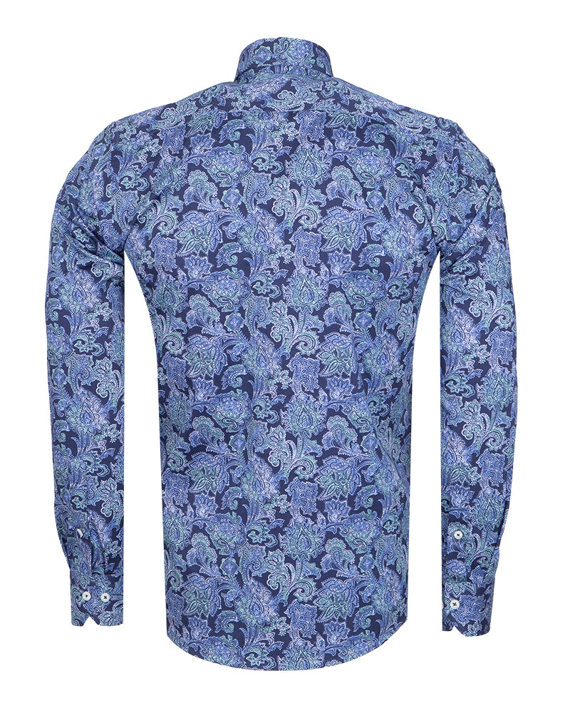 Blue Paisley Print Shirt with Matching Handkerchief-Makrom