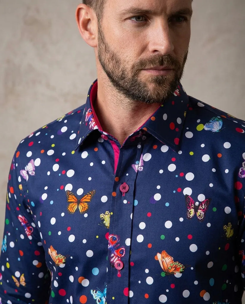 Blue Polka Dot Butterfly Print Shirt