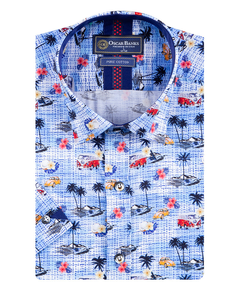 Blue Retro Cars Print Short Sleeve Shirt-Makrom