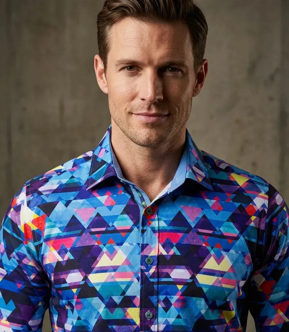Blue Retro Geometric Triangle Print Shirt