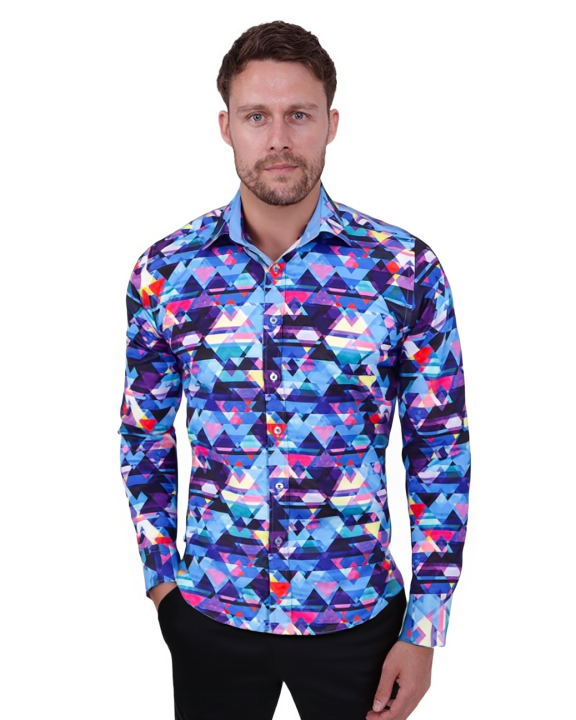 Blue Retro Geometric Triangle Print Shirt-Makrom
