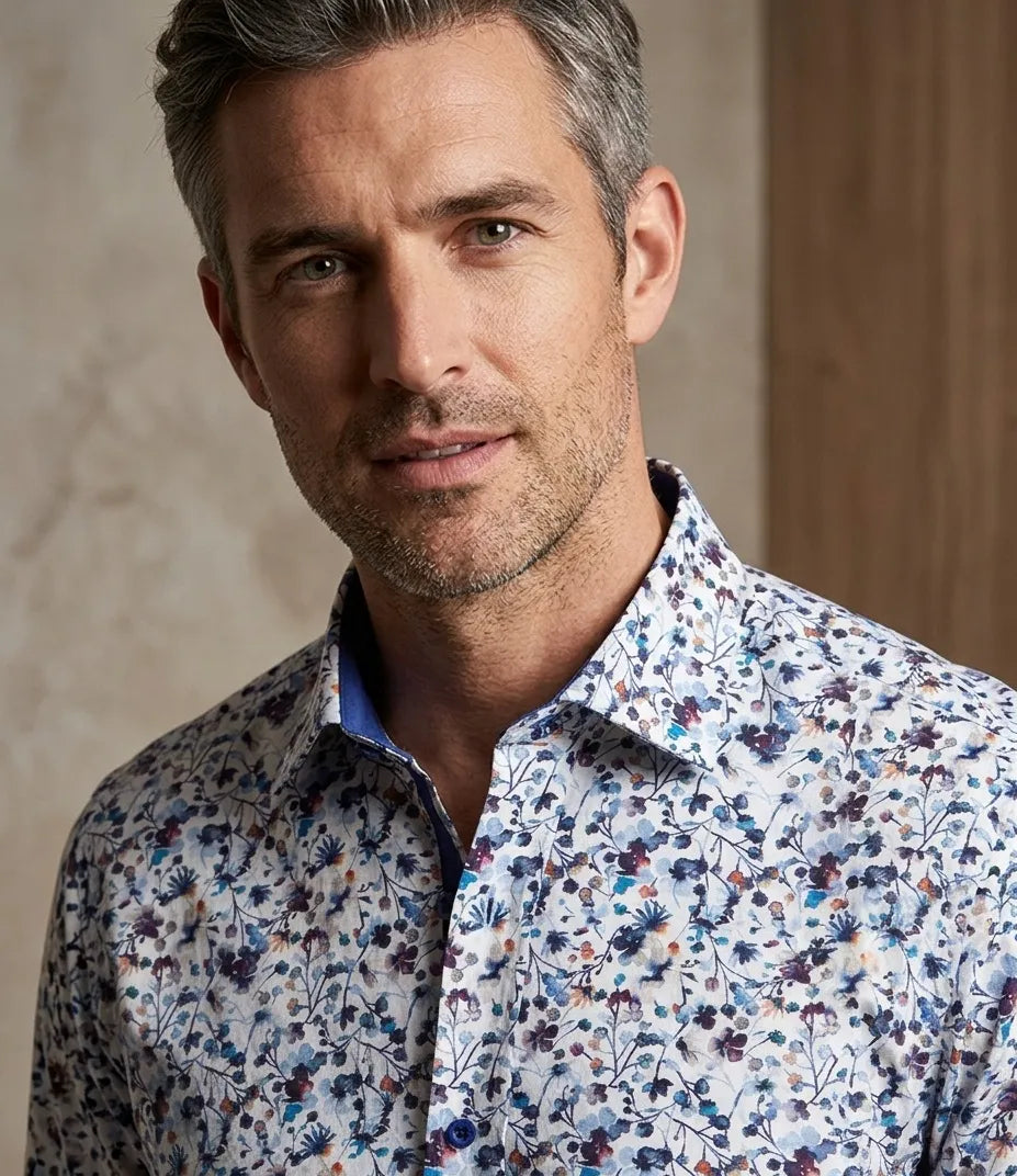 Blue Small Floral Print Shirt with Matching Handkerchief