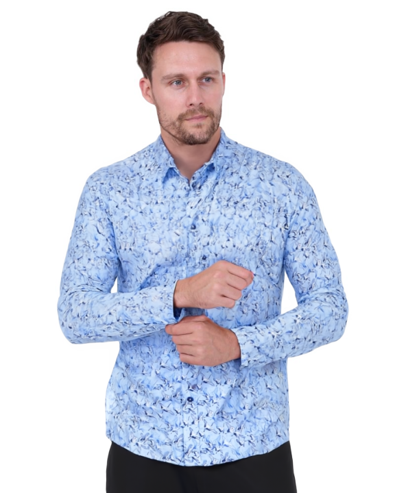 Blue Stork Print Shirt with Matching Handkerchief-Makrom