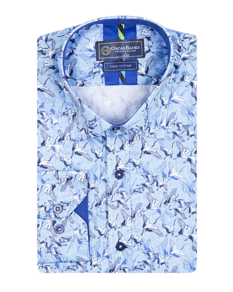 Blue Stork Print Shirt with Matching Handkerchief-Makrom
