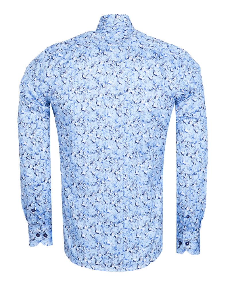 Blue Stork Print Shirt with Matching Handkerchief-Makrom