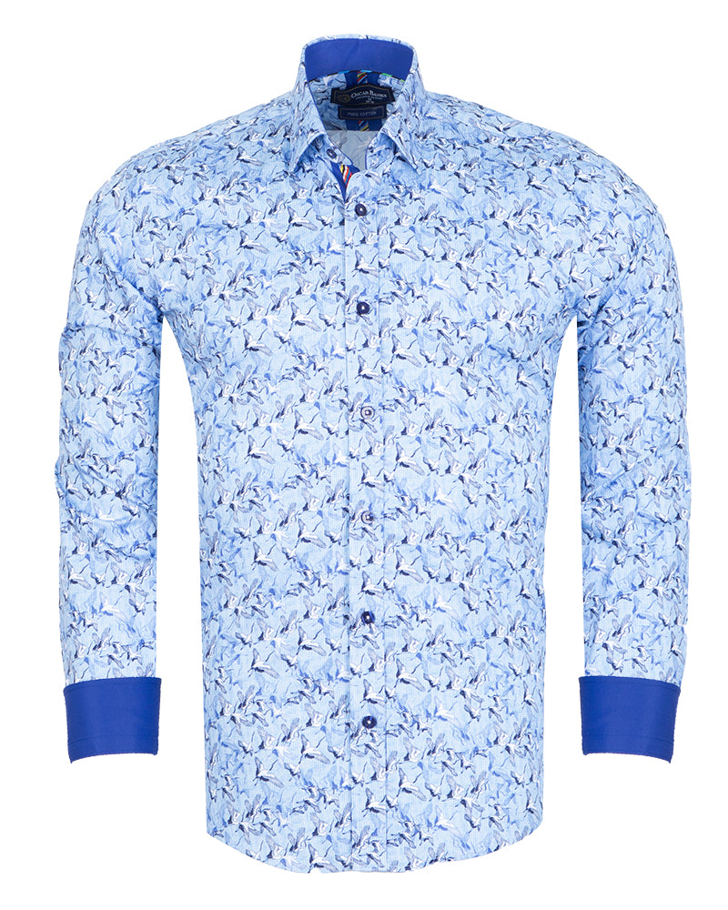 Blue Stork Print Shirt with Matching Handkerchief-Makrom