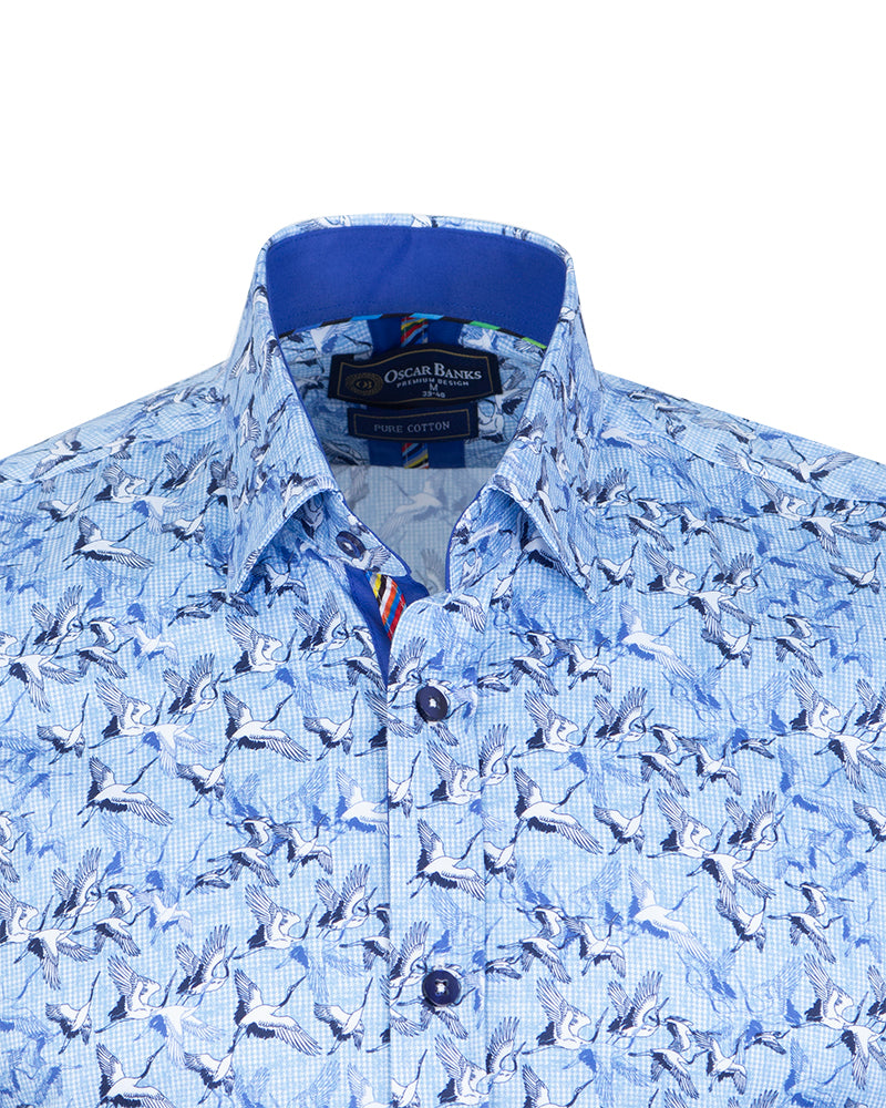 Blue Stork Print Shirt with Matching Handkerchief-Makrom
