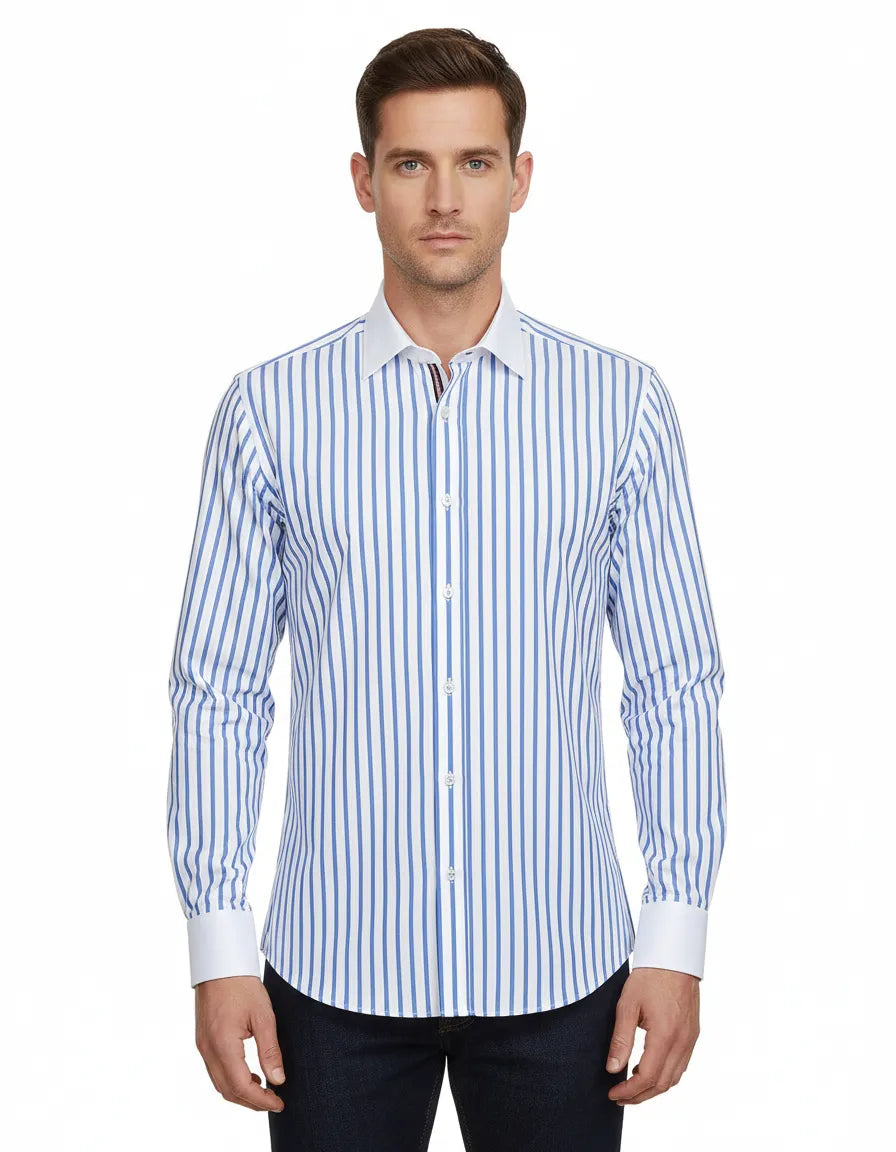 Blue Stripe Contrast Collar Double Cuff Shirt-Makrom