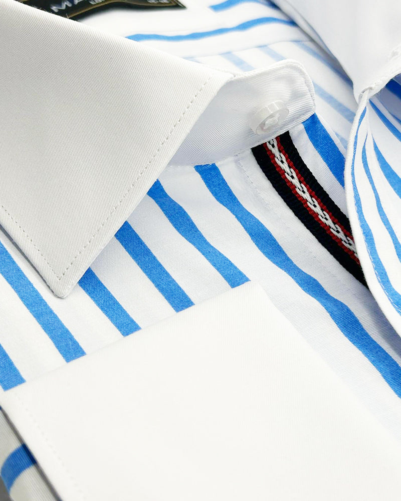 Blue Stripe Contrast Collar Double Cuff Shirt-Makrom