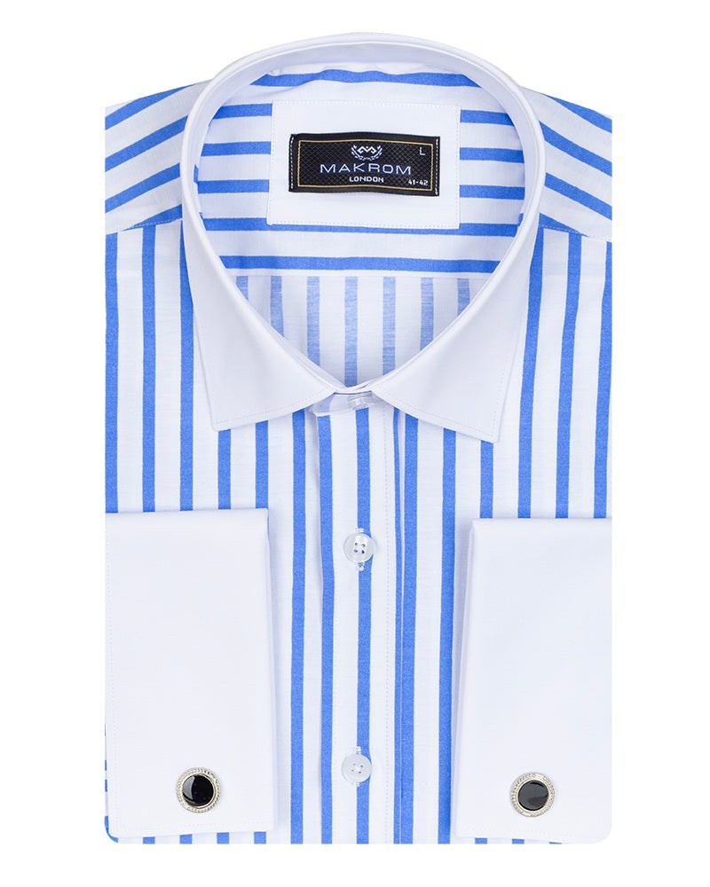 Blue Stripe Contrast Collar Double Cuff Shirt-Makrom