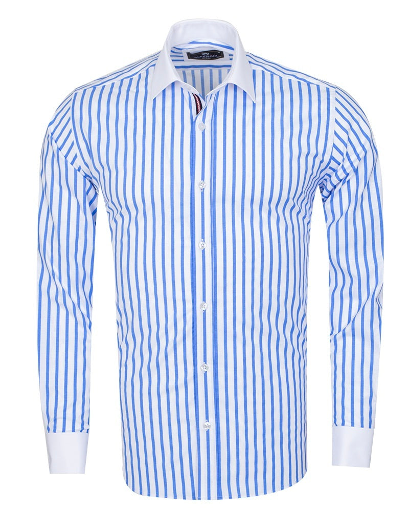 Blue Stripe Contrast Collar Double Cuff Shirt-Makrom