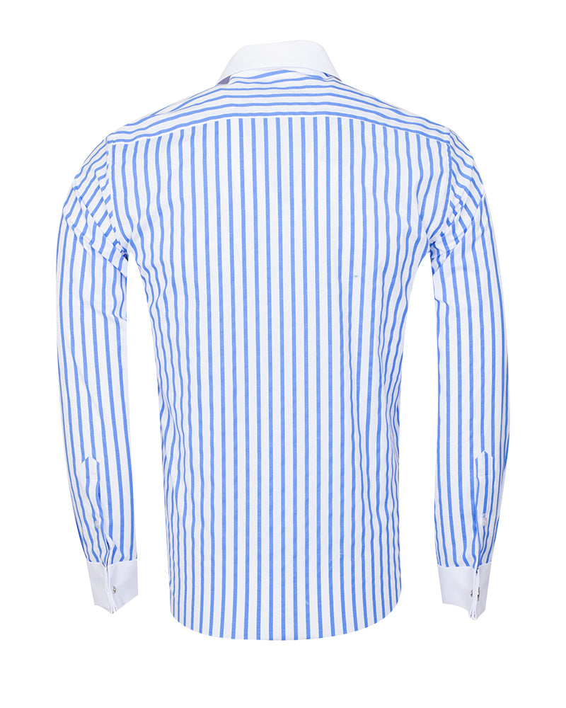 Blue Stripe Contrast Collar Double Cuff Shirt-Makrom
