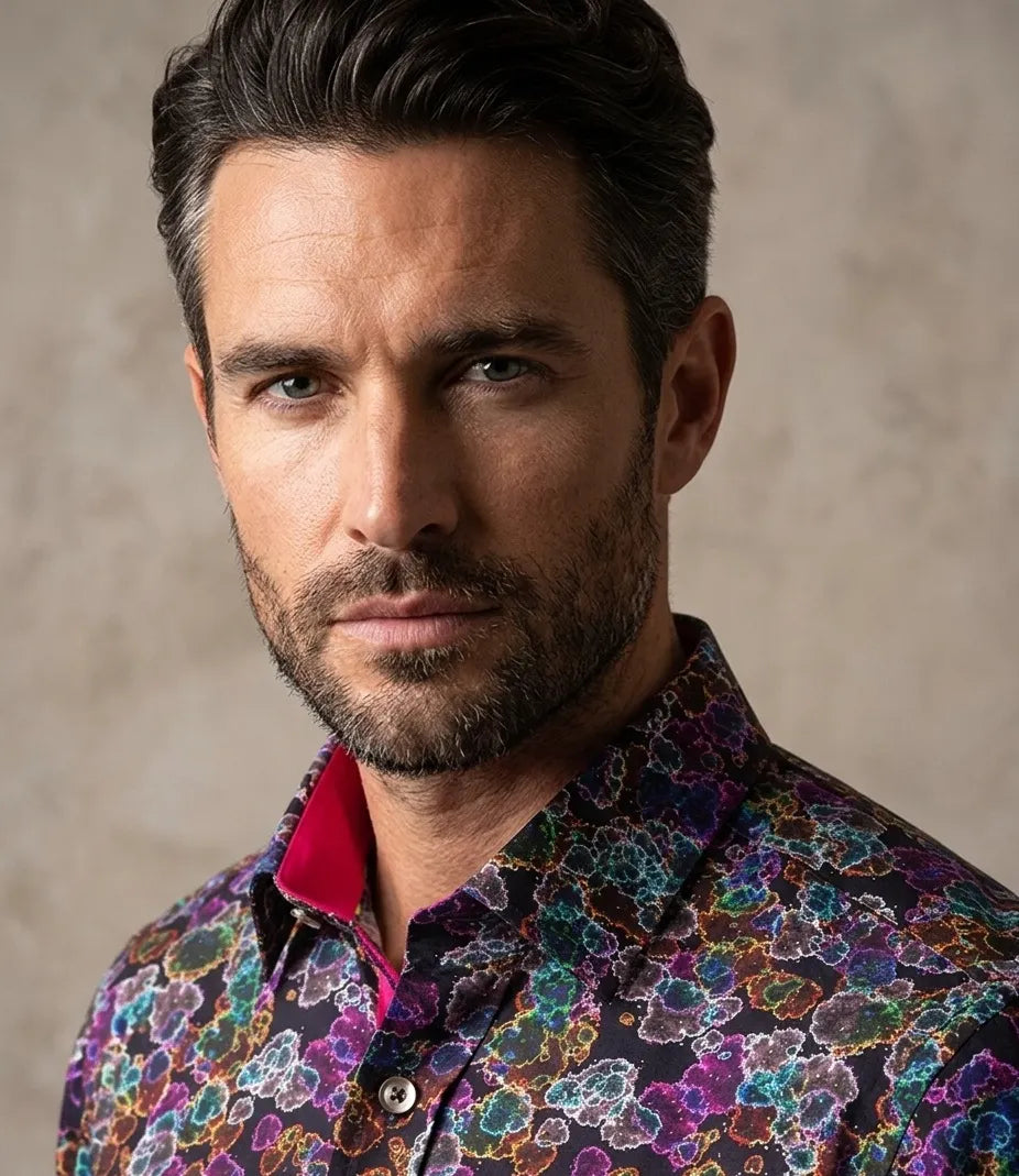 Neon Colourful Print Men's Shirt with Matching Handkerchief