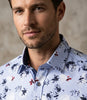 Blue Stripe Floral Print Men's Shirt with Matching Handkerchief