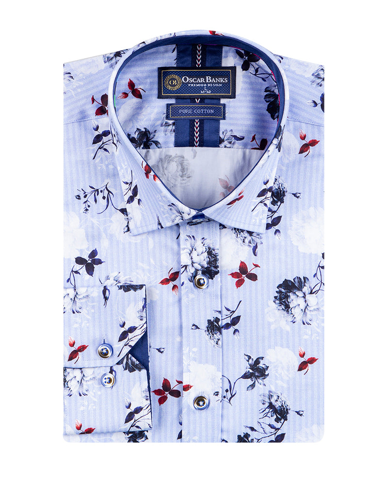 Blue Stripe Floral Print Men's Shirt with Matching Handkerchief-Makrom