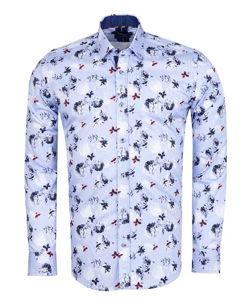 Blue Stripe Floral Print Men's Shirt with Matching Handkerchief-Makrom