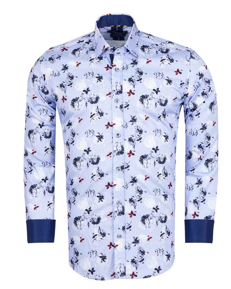 Blue Stripe Floral Print Men's Shirt with Matching Handkerchief-Makrom