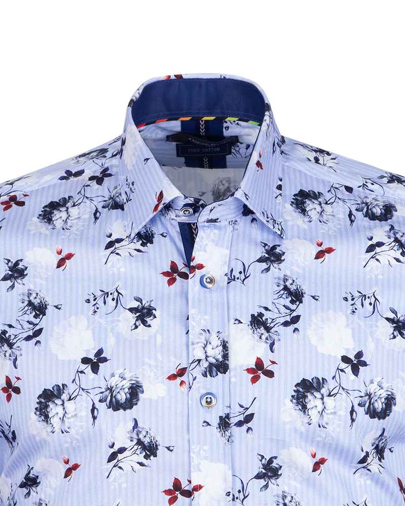 Blue Stripe Floral Print Men's Shirt with Matching Handkerchief-Makrom