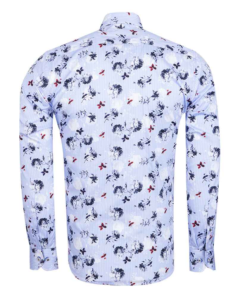 Blue Stripe Floral Print Men's Shirt with Matching Handkerchief-Makrom