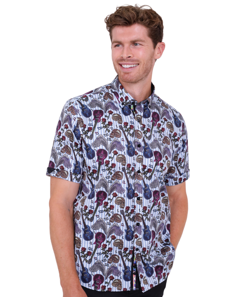 Blue Stripe Guitar and Skull Print Short Sleeve Shirt-Makrom