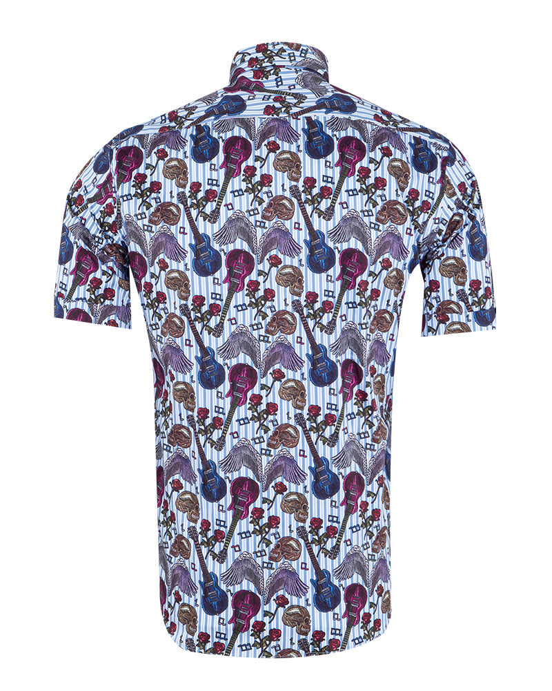 Blue Stripe Guitar and Skull Print Short Sleeve Shirt-Makrom