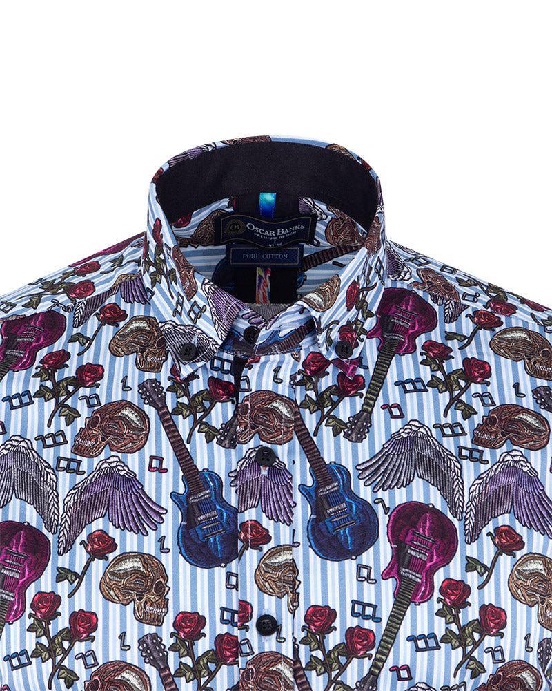 Blue Stripe Guitar and Skull Print Short Sleeve Shirt-Makrom