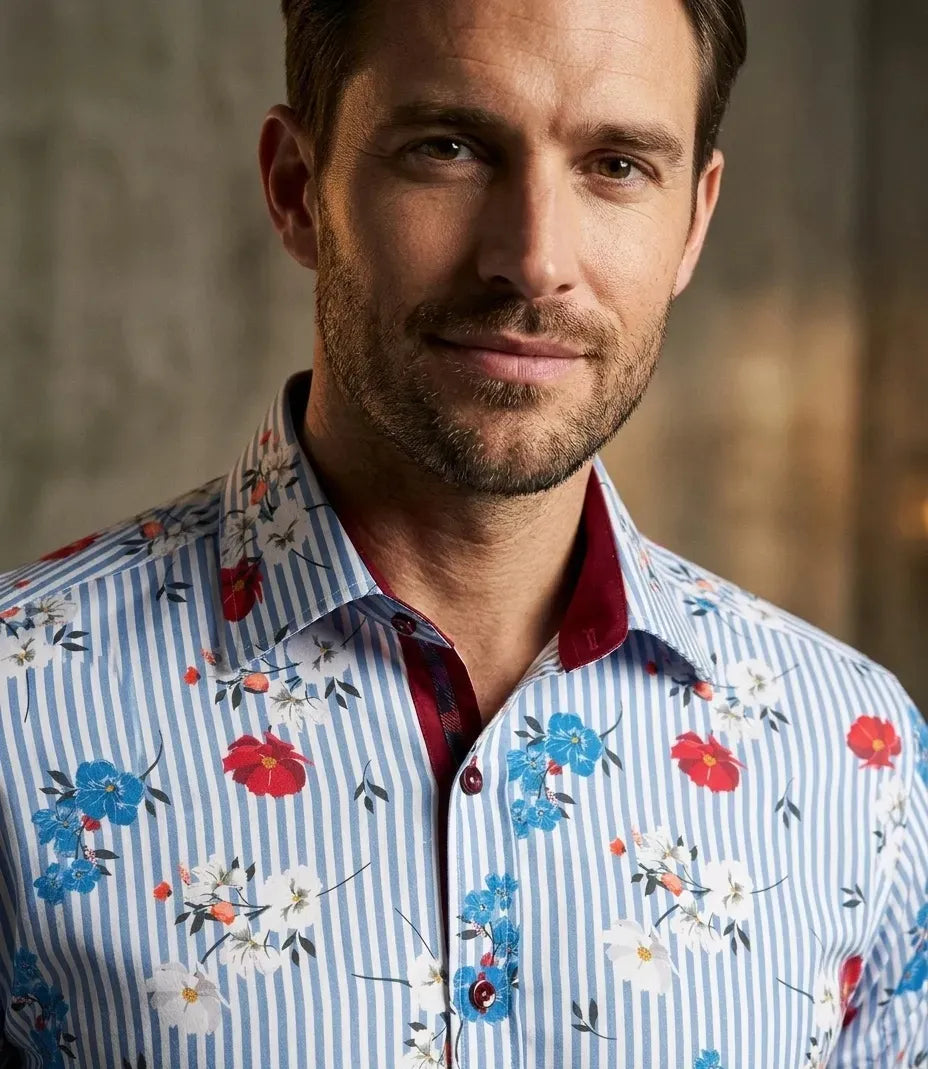 Blue Striped Floral Design Print Shirt