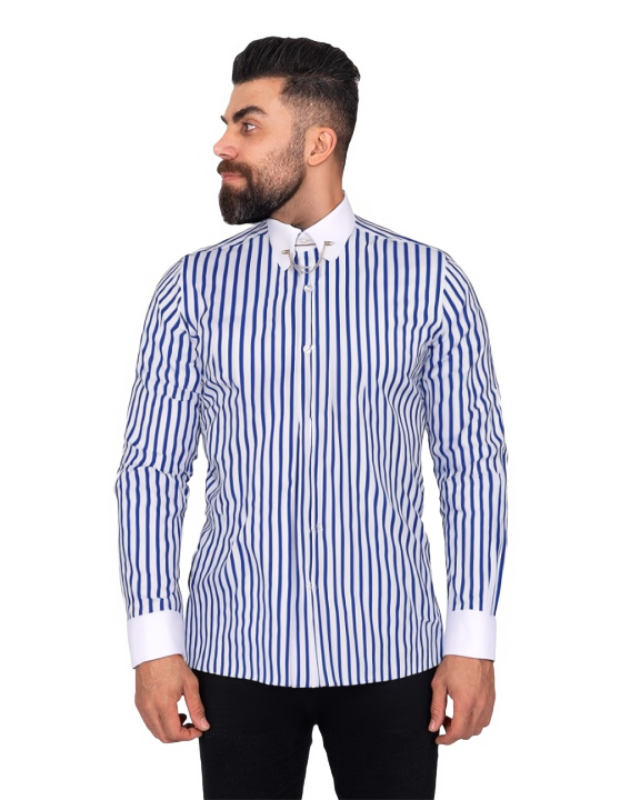 Blue Striped Men's Shirt Club Collar Pin Chain-Makrom