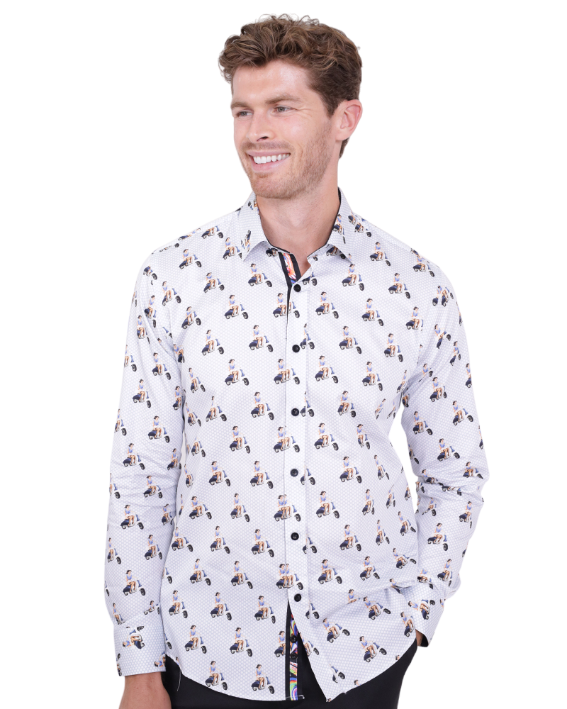 Blue Vespa Print Shirt with Matching Handkerchief-Makrom