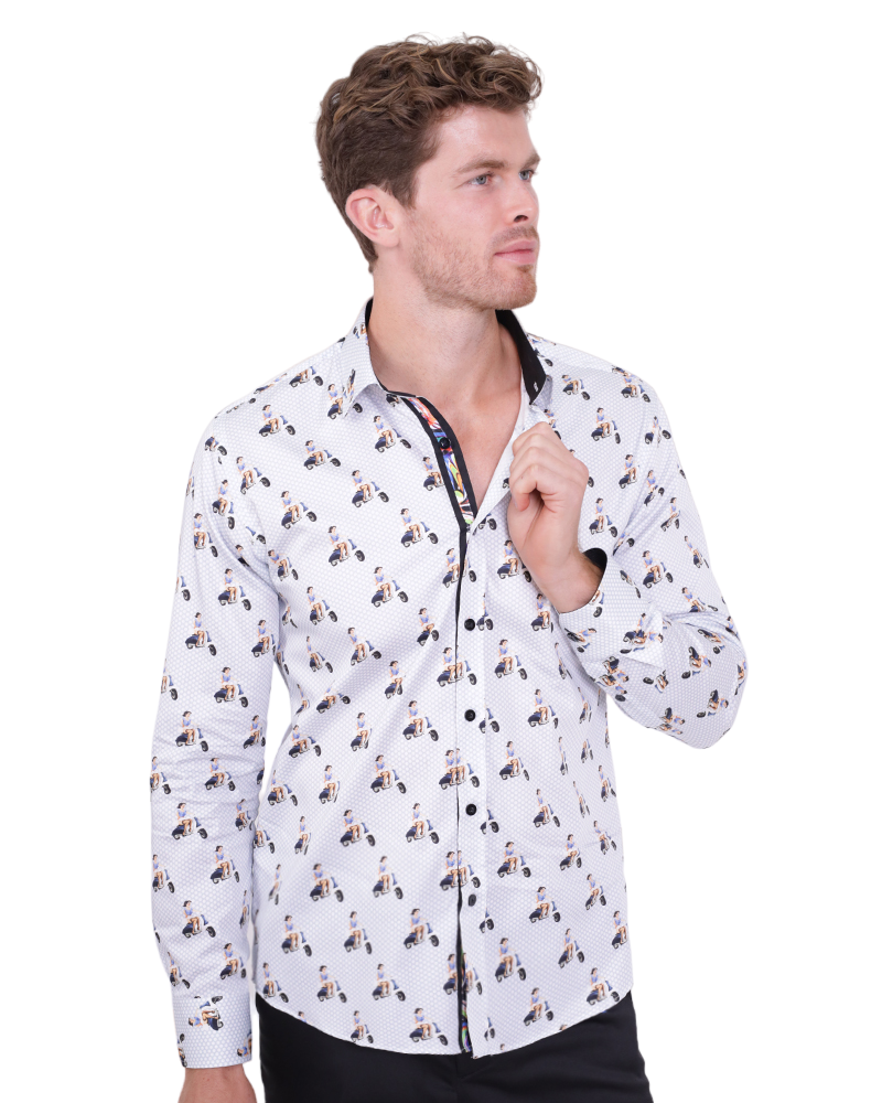 Blue Vespa Print Shirt with Matching Handkerchief-Makrom