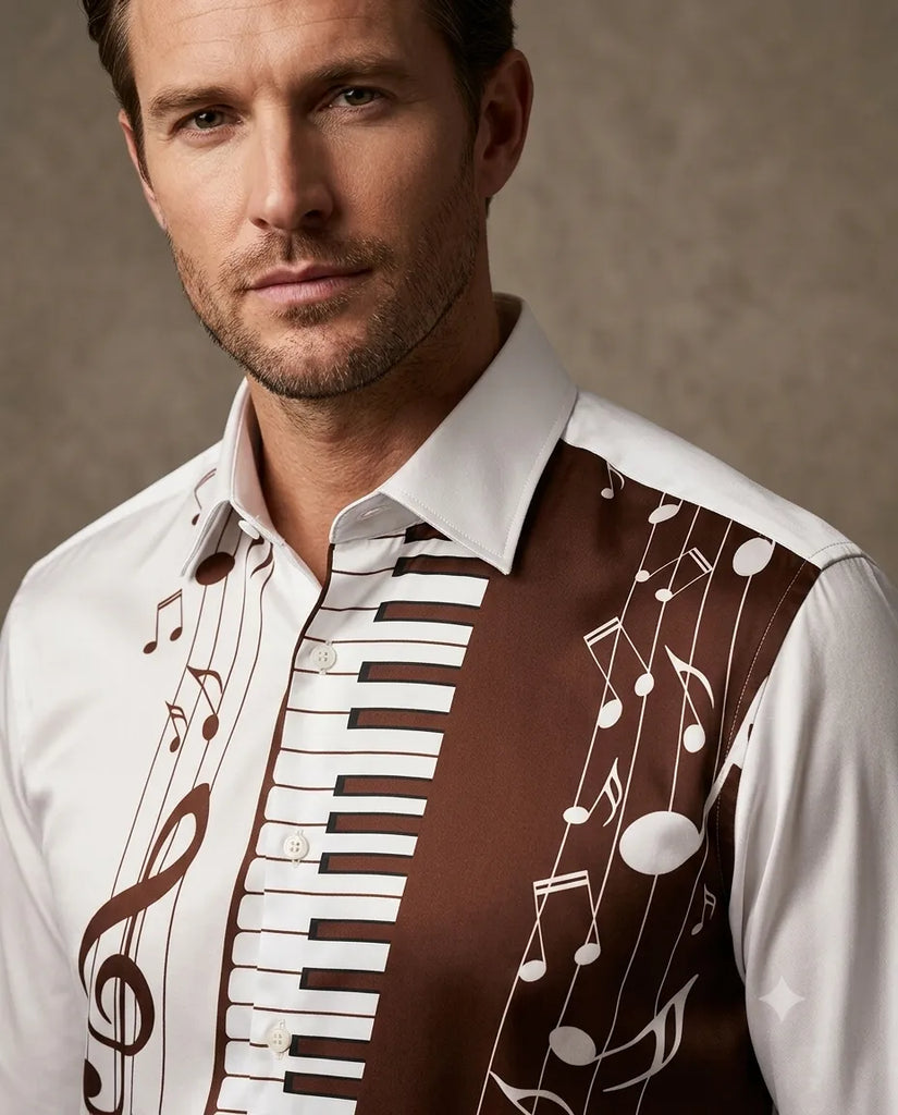 A close-up of a man wearing a white button-up shirt with a brown and white musical-themed print featuring piano keys, musical notes, and a treble clef.